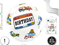 Globo Burbuja 45 cm .Happy Bithday Vehículos